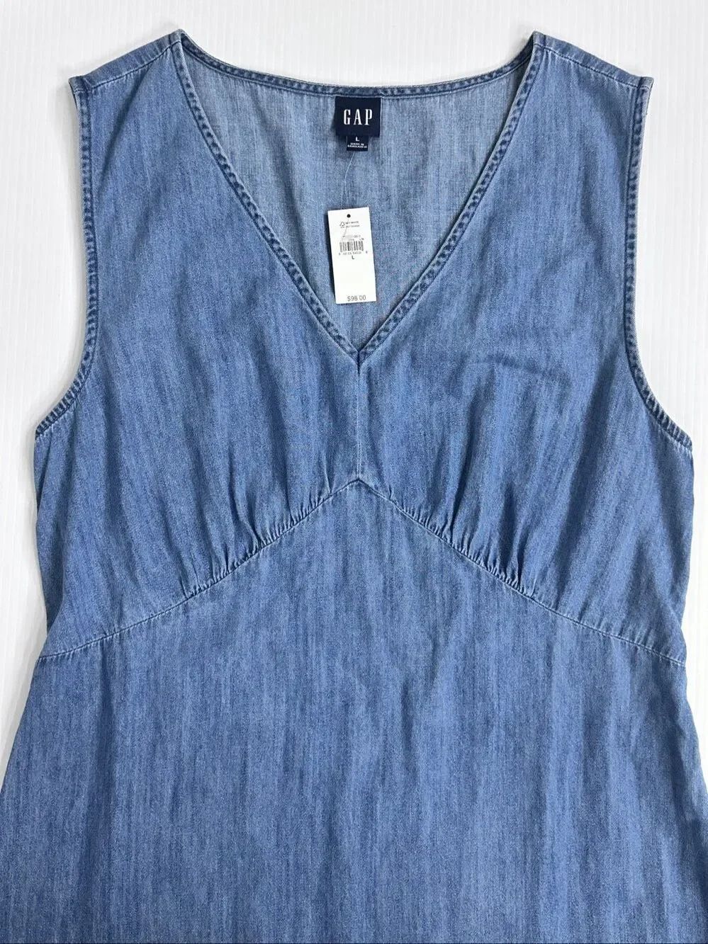 GAP NWT Chambray Denim Asymmetrical Midi Dress V-Neck Blue L Coastal Prairie - Picture 8 of 16